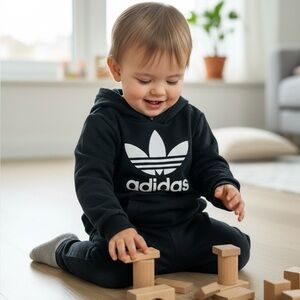ADIDAS (3T) Toddler Logo Hoodie Black White Cotton Classic Kanga Pocket